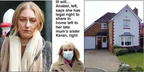  ?? ?? Ill will… Anabel, left, says she has legal right to share in home left to her late mum’s sister Karen, right
