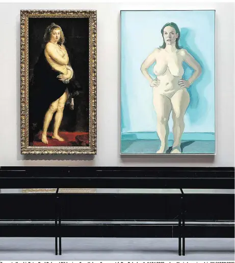  ??  ?? Gewagte Kombi: Peter Paul Rubens’ Bild seiner Frau Helena Fourment („Das Pelzchen“, 1636/’38) neben Maria Lassnigs „Iris II“(1972/’73)