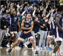  ?? MICHAEL CONROY/ASSOCIATED PRESS ?? Fairleigh Dickinson guard Grant Singleton celebrates after a basket against Purdue in a first-round NCAA Tournament game last year in Columbus, Ohio. Purdue was a 23½-point favorite when it lost to No. 16 seed Fairleigh Dickinson.