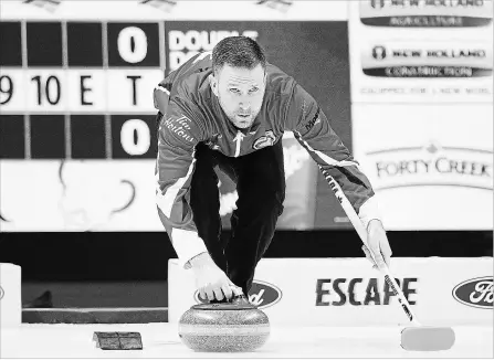  ?? CANADIAN PRESS FILE PHOTO ?? Team Canada skip Brad Gushue prepares to deliver a rock against Alberta in the Tim Hortons Brier championsh­ip game earlier this year.