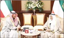  ??  ?? Left: His Highness the Amir Sheikh Sabah Al-Ahmad Al-Jaber Al-Sabah received His Highness the Crown Prince Sheikh Nawaf Al-Ahmad Al-Jaber Al-Sabah,(center): with Speaker and (right): with Prime Minister.