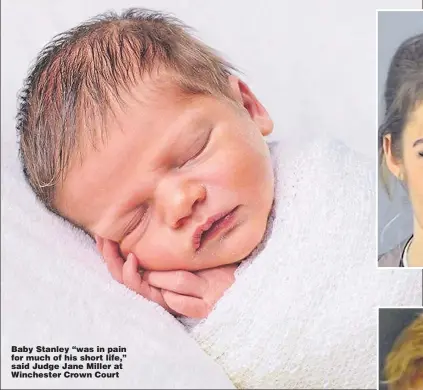  ??  ?? Baby Stanley “was in pain for much of his short life,” said Judge Jane Miller at Winchester Crown Court Roxanne Davis and former boyfriend Samuel Davies were jailed for 10 years