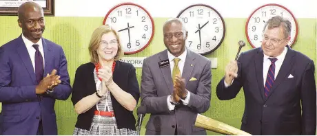  ?? PHOTO: AYODELE ADENIRAN ?? Head of Corporate Services Division, Nigeria Stock Exchange, Bola Adeeko (left); United States Consulate Public Affairs Officer, Ms. Darcy Zotter; Chief Executive Officer, Nigeria Stock Exchange, Oscar Onyeama and United States Consul General, Mr. F....