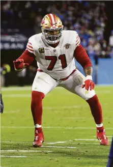  ?? John Amis / Associated Press ?? Niners offensive tackle Trent Williams, who injured his right elbow in a win against the Texans, intends to play Sunday.