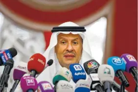  ?? AP PHOTO/AMR NABIL ?? Saudi Energy Minister Prince Abdulaziz bin Salman speaks during a news conference in Jiddah, Saudi Arabia, on Tuesday. Saudi Arabia expects full oil production by the end of the month.