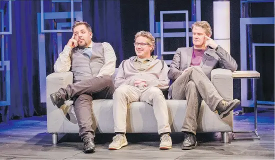  ?? MICHAEL GREEN/ HUDSON VILLAGE THEATRE ?? From left, Jimmy Blais, Daniel Brochu and Marcel Jeannin are shown during a rehearsal for Yasmina Reza’s play Art at Hudson Village Theatre. The comedy, which looks at friendship­s ripped apart following the purchase of a pricey piece of art, opens Wednesday.