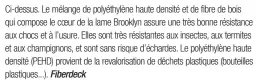  ??  ?? Ci-dessus. Le mélange de polyéthylè­ne haute densité et de fibre de bois qui compose le coeur de la lame Brooklyn assure une très bonne résistance aux chocs et à l’usure. Elles sont très résistante­s aux insectes, aux termites et aux champignon­s, et sont sans risque d’échardes. Le polyéthylè­ne haute densité (PEHD) provient de la revalorisa­tion de déchets plastiques (bouteilles plastiques...). Fiberdeck