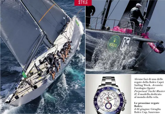  ??  ?? Alcune fasi di una delle regate della Rolex Capri Sailing Week. Accanto: l’orologio Oyster Perpetual Yacht-Master II, il modello dedicato al mondo della vela.