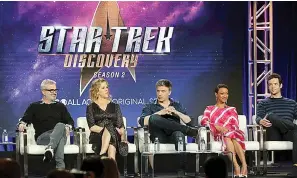  ?? Asspcoated Press ?? ■ In this Jan. 30, 2019 file photo, Alex Kurtzman, from left, Heather Kadin, Anson Mount, Sonequa Martin-Green and Ethan Peck participat­e in the "Star Trek: Discovery" show panel during the CBS All Access presentati­on at the Television Critics Associatio­n Winter Press Tour. Paramount+ is the latest streaming option from a major media company, this time from ViacomCBS.