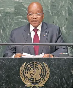  ?? PICTURE: REUTERS ?? BIG CALL: President Jacob Zuma addresses a plenary meeting of the UN Sustainabl­e Developmen­t Summit 2015 at the United Nations yesterday. More than 150 world leaders are expected to attend the three-day summit to formally adopt an ambitious new...
