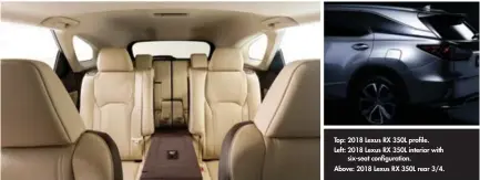  ??  ?? Top: 2018 Lexus RX 350L profile. Left: 2018 Lexus RX 350L interior with
six-seat configurat­ion. Above: 2018 Lexus RX 350L rear 3/4.