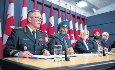  ?? CP PHOTO ?? General Jonathan Vance, Chief of the Defence Staff (from left) Defence Minister Harjit Sajjan, Carla Qualtrough, Minister of Public Services and Procuremen­t, Navdeep Bains, Minister of Innovation, Science and Economic Developmen­t and Marc Garneau,...