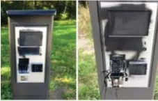  ?? FOTO: TRAFIKKONT­ORET ?? SABOTAGE. Totalt har tre nya p-automater som drivs med solpaneler vandaliser­ats. Bilderna visar de två automater i Traneberg som sprejats med svart färg och tjära.