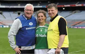  ?? PHOTO: JUSTIN FARRELLY ?? Team managers Pat Spillane and John O’Mahony pictured with Claire Mc Cormack, who played for the McHale Shamrocks, at last week’s Macra na Feirme Croke Park Challenge Cup showdown between Massey Kickhams and McHale Shamrocks. McHale Shamrocks, managed...