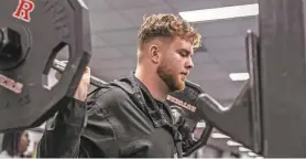  ?? COURTESY OF RUTGERS FOOTBALL ?? Rutgers offensive lineman Jacob Allen, a Hun School graduate, has medically retired following five knee surgeries. But Allen is now assisting the team’s strength staff in the weight room.