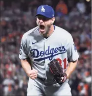  ?? Wally Skalij / TNS ?? Los Angeles Dodgers pitcher Max Scherzer reacts after striking out the San Francisco Giants’ Wilmer Flores to end Game 5 of the National League Division Series at Oracle Park on Thursday in San Francisco.