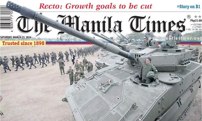  ?? PHOTO BY RENE H. DILAN ?? WOMEN ON TOPThree women of the Philippine Army (PA) pose atop one of its tanks as they and the rest of the troops put on a show of the PA’s defense capabiliti­es on its 127th anniversar­y in Capas, Tarlac, on Friday, March 22, 2024. Defense Secretary Gilbert Teodoro Jr. (not in photo) delivered the speech on behalf of President Ferdinand Marcos Jr., who was unable to attend for health reasons.