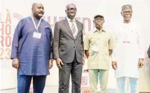  ?? ?? From left: Former Edo State Governor, Chief Lucky Igbinedion; Governor Godwin Obaseki; former Edo State Governor and Senator representi­ng Edo North Senatorial District, Senator Adams Oshiomhole, and former Edo State Governor, Chief John Odigie-Oyegun, at the 2023 Alaghodaro Investment Summit, at the Government House in Benin City, on Friday