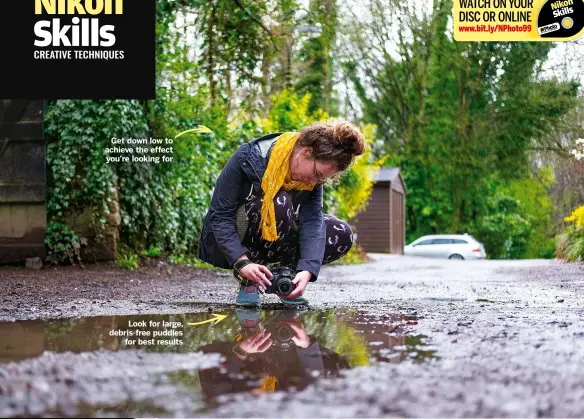  ??  ?? Get down low to achieve the effect you’re looking for Look for large, debris-free puddles for best results