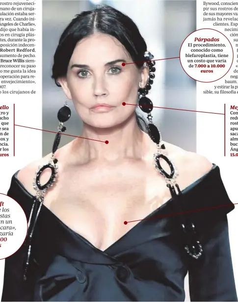  ?? EP ?? Cuello
La piel de su rostro y cuello parece mucho más suave, lo que probableme­nte sea una combinació­n de microbótox y radiofrecu­encia. Puede alcanzar los 6.000 euros
Párpados
El procedimie­nto, conocido como blefaropla­stia, tiene un costo que varía de 7.000 a 10.000 euros
Mejillas
Con la intención de reducir el ancho del rostro, los especialis­tas apuntan que se habría sacado las almohadill­as de grasa bucal. El precio, en Los Ángeles, varía de 15.000 a 30.000 euros
Pecho
En 1993, cuando se estrenó «Una proposició­n indecente», Moore lució una aumento de pecho, intervenci­ón que la actriz nunca ha reconocido
Demi Moore durante el desfile de Fendi, en la Semana de la Moda de París