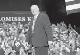  ?? AP 2018 ?? Rush Limbaugh takes the stage during a reelection campaign rally with President Donald Trump in Cape Girardeau, Missouri.