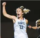  ?? JOHN GILLIS/FOR BALTIMORE SUN MEDIA ?? River Hill’s Maddie Vasilios reacts after scoring a goal against Marriotts Ridge in a Class 3A state semifinal on Wednesday at Glen Burnie.