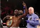  ?? Steve Marcus/Getty Images ?? WBO champion Terence Crawford poses with referee Celestino Ruiz after defeating Shawn Porter on Saturday night. Photograph: