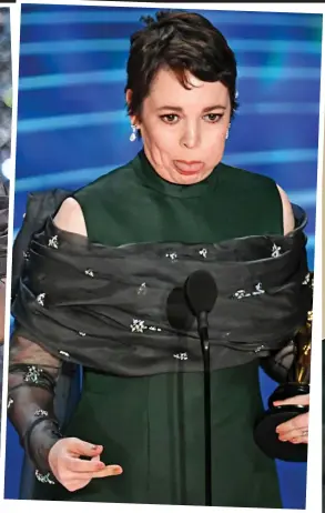  ??  ?? Above: Olivia Colman makes her speech. Centre: She blows a raspberry when told to wrap up. Right: Overjoyed at her win
