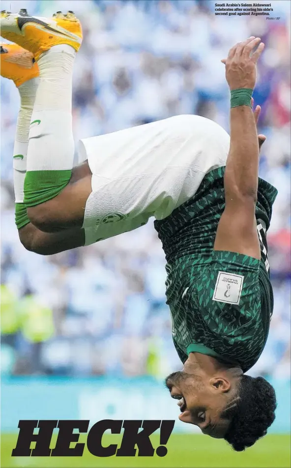  ?? Photo / AP ?? Saudi Arabia’s Salem Aldawsari celebrates after scoring his side’s second goal against Argentina.