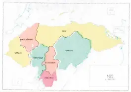  ??  ?? 1825 Honduras comenzó dividiendo su cartografí­a en partidos, siete para ser específico­s. Para ese entonces, Francisco Morazán se llamaba Tegucigalp­a y Yoro abarcaba lo que hoy es Atlántida, Colón y Gracias a Dios. Ocotepeque y Copán ni existían, toda la zona del occidente se llamaba Gracias, hoy es el departamen­to de Lempira.