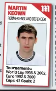  ??  ?? MARTIN KEOWN FORMER ENGLAND DEFENDER Tournament­s: World Cup 1998 &amp; 2002, Euro 1992 &amp; 2000 Caps: 43 Goals: 2