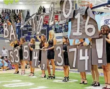  ??  ?? Students demonstrat­e the student-raised amount during the final assembly of a previous year’s BALTO week fundraiser at Edmond North High School.