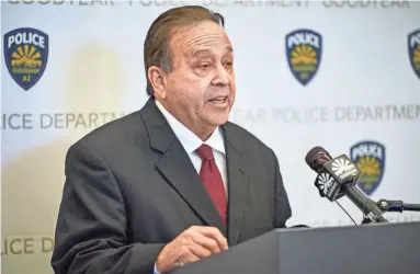  ?? ALEX GOULD/THE REPUBLIC ?? Goodyear Mayor Joe Pizzillo addresses the media Monday at the Goodyear Police Department about a fatal crash that killed two bicyclists and injured 17 others on the Cotton Lane Bridge on Saturday.