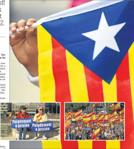  ??  ?? Main, a young pro-indy Catalan displays the lone star flag; inset, protesters in Madrid oppose the move