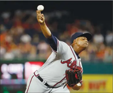  ?? Associated Press ?? Bringing the heat: In this Aug. 12, 2016, file photo, Atlanta Braves relief pitcher Mauricio Cabrera throws during the eighth inning of a game against the Washington Nationals at Nationals Park in Washington. With all those 100 mph fastballs flying...