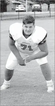  ?? MARK HUMPHREY ENTERPRISE-LEADER ?? Zach Newman started on the offensive line at right guard at 6-feet-3, 290 pounds. He was selected as Player of the Game for Farmington in their season-opener, and was able to consistent­ly drive defenders off the line on running plays and provided...