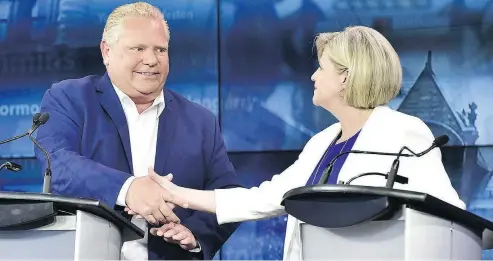  ?? FRANK GUNN/THE CANADIAN PRESS ?? The election in Ontario is down to Progressiv­e Conservati­ve Leader Doug Ford and NDP Leader Andrea Horwath in a race that could send millions of voters to the polls holding their nose, Kelly McParland writes.