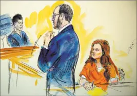  ?? Dana Verkoutere­n ?? The Associated Press This courtroom sketch depicts Maria Butina, a 29-year-old gun-rights activist suspected of being a covert Russian agent, listening to Assistant U.S. AttorneyEr­ik Kenerson as he speaks to Judge Deborah Robinson, left, during a hearing Wednesday in federal court in Washington.