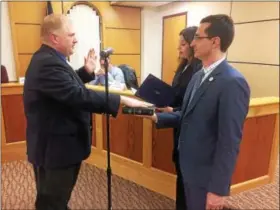  ?? EVAN BRANDT — DIGITAL FIRST MEDIA ?? Donald Lebedynsky, left, is the other new member of borough council. He represents the Third Ward and took the oath of office Tuesday night.