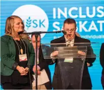  ?? PHOTO: SUPPLIED ?? A compelling example of self-advocacy in his community, Bradley Mcvicar addresses the large audience at the annual Inclusion Breakfast, held October 3. The event is Inclusion Saskatchew­an’s major fundraiser, supporting the organizati­on’s work for people with intellectu­al disabiliti­es throughout
the province.