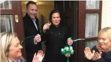  ??  ?? Mary Lou McDonald opened the office used by Sinn Féin MP Chris Hazzard in Castlewell­an, Co Down, last month