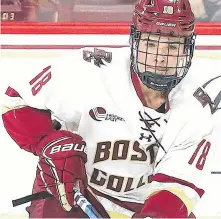  ?? HOCKEY EAST PHOTO – SUBMITTED ?? Alex Newhook of St. John’s was the top rookie in NCAA hockey this past season, leading all first-year players with 42 points for the Boston College Eagles.