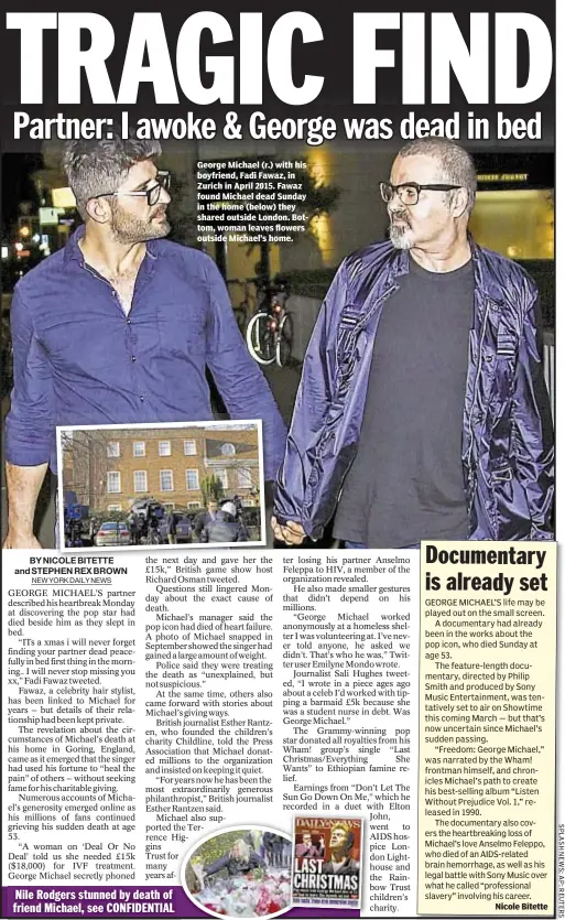  ??  ?? George Michael (r.) with his boyfriend, Fadi Fawaz, in Zurich in April 2015. Fawaz found Michael dead Sunday in the home (below) they shared outside London. Bottom, woman leaves flowers outside Michael’s home.