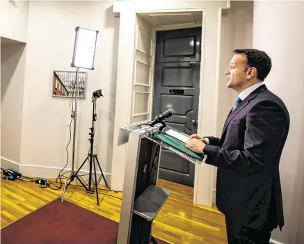  ?? PHOTO: MARK CONDREN ?? Direct message for people of all ages: Taoiseach Leo Varadkar making his address to the nation from Government Buildings.