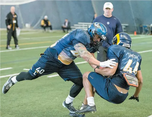  ??  ?? Byron Archambaul­t, qui a participé au combine de la LCF, fait partie des Québécois qui pourraient intéresser les Alouettes.