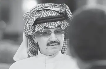  ??  ?? Prince Alwaleed, Saudi billionair­e and founder of Kingdom Holding Co., during a Bloomberg Television interview at the MiSK Global Forum event in Riyadh, Saudi Arabia, on Nov 16. — WP-Bloomberg photo