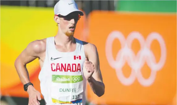  ?? TYLER ANDERSON ?? Evan Dunfee competes at the 2016 Olympics in Rio de Janeiro. The Canadian race walker has a good chance at a podium finish at this year's games in Tokyo.