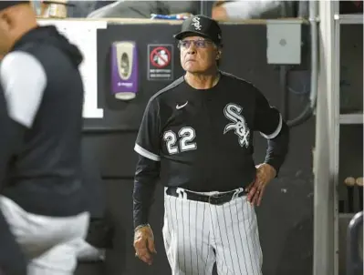  ?? CHRIS SWEDA/CHICAGO TRIBUNE ?? White Sox manager Tony La Russa paces through the dugout during the ninth inning against the Diamondbac­ks on Friday at Guaranteed Rate Field.