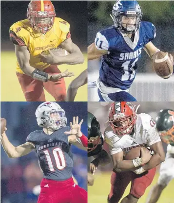  ?? MICHAEL LAUGHLIN/SUN SENTINEL
JENNIFER LETT/SUN SENTINEL
JENNIFER LETT/SUN SENTINEL
PHOTOS BY MICHAEL LAUGHLIN AND JENNIFER LETT/SUN SENTINEL ?? Clockwise from top left: Deerfield Beach’s Jaylan Knighton, University School’s Nick Vattiato, Cardinal Gibbons’ Vincent Davis and Chaminade’s Daelen Menard look to lead their respective schools to the state finals on Friday.