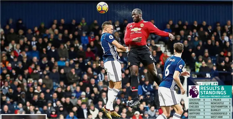  ?? — Reuters ?? High flyer: Romelu Lukaku heading home Manchester United’s first goal in their English Premier League match against West Bromwich Albion at the Hawthorns yesterday. Inset: Jesse Lingard celebratin­g after scoring United’s second goal.